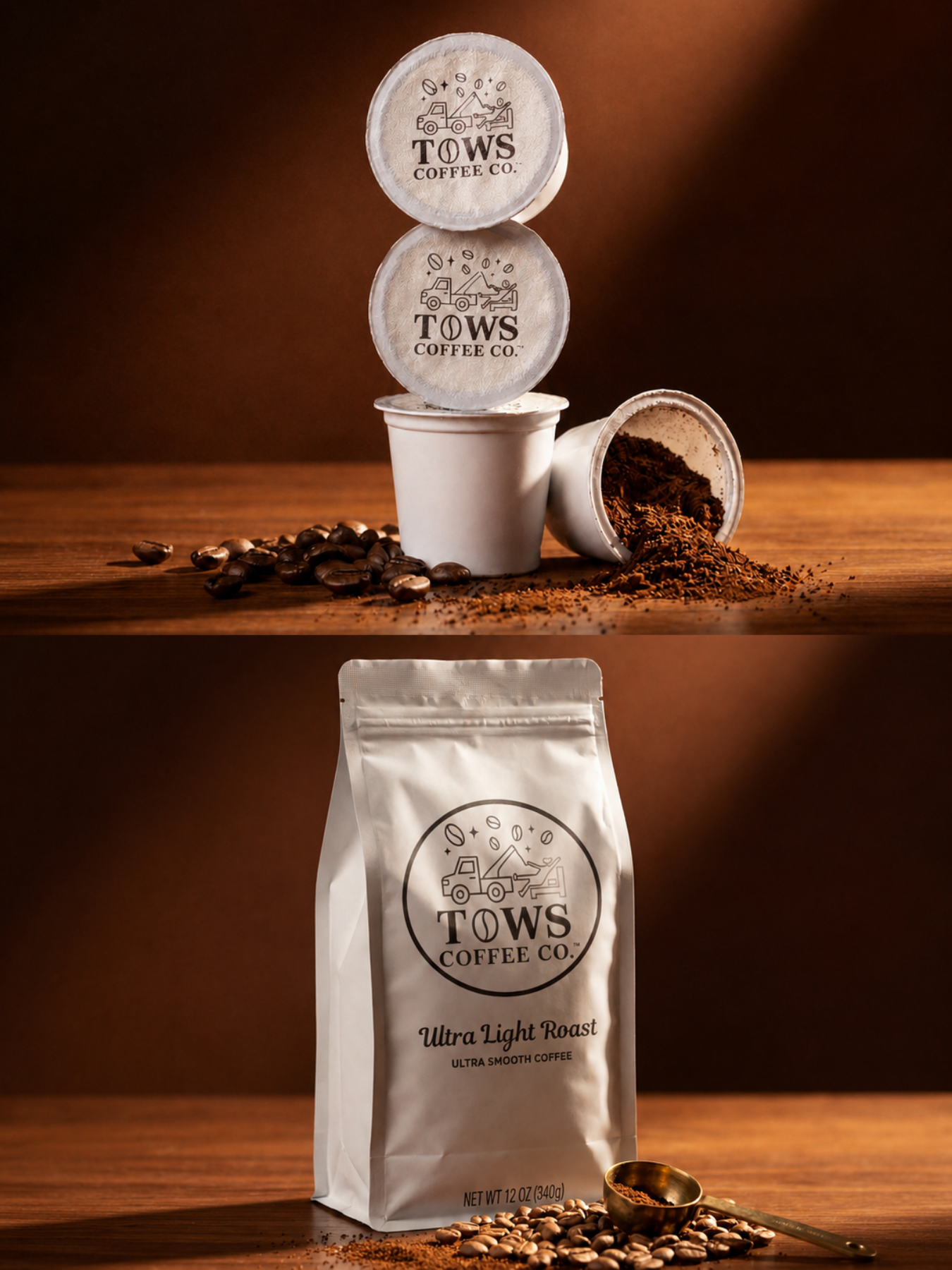 TOWS Coffee Co. coffee pods and bag on a wooden surface with coffee beans.