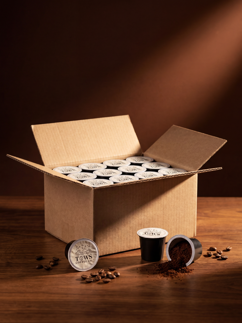 TOWS Coffee Co Open cardboard box filled with coffee pods on a wooden surface with a dark background