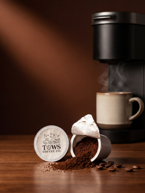 TOWS Coffee Co. coffee pod with ground coffee and beans on a wooden surface with a coffee machine in the background.