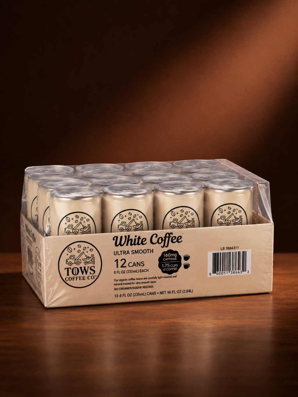 Tows White Coffee 8Oz Cans 12pack in a overwrapped Tray