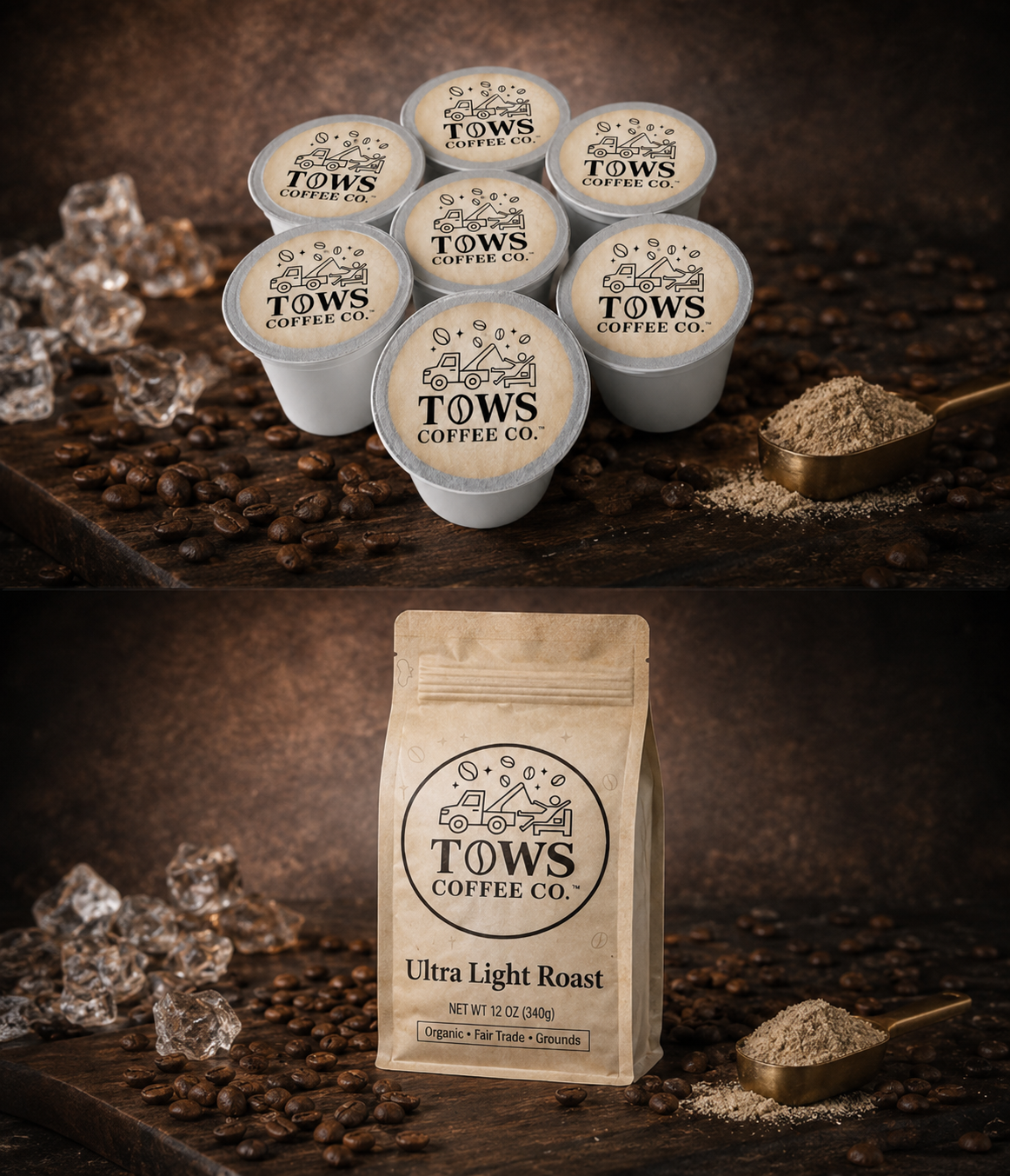 TOWS Coffee Co. coffee pods and a bag on a dark background with coffee beans and a spoon.