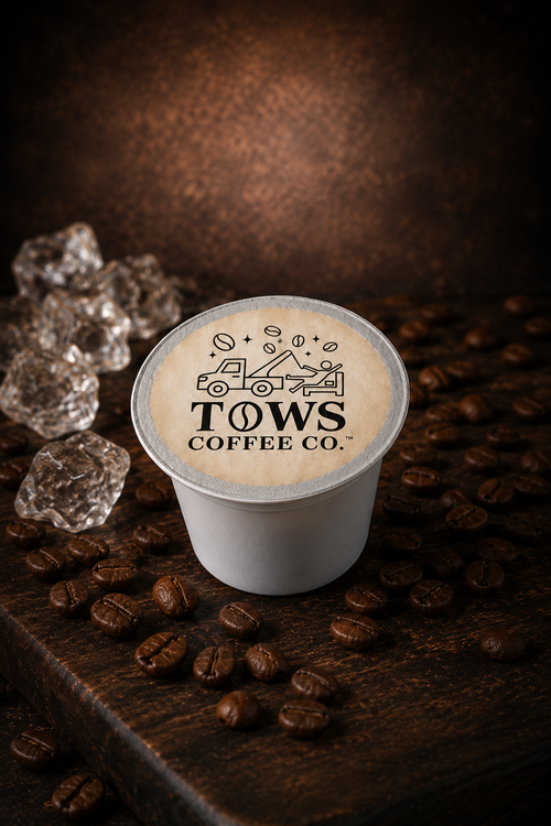 Coffee pod with TOWS Coffee Co. logo on a dark surface with coffee beans and sugar cubes.