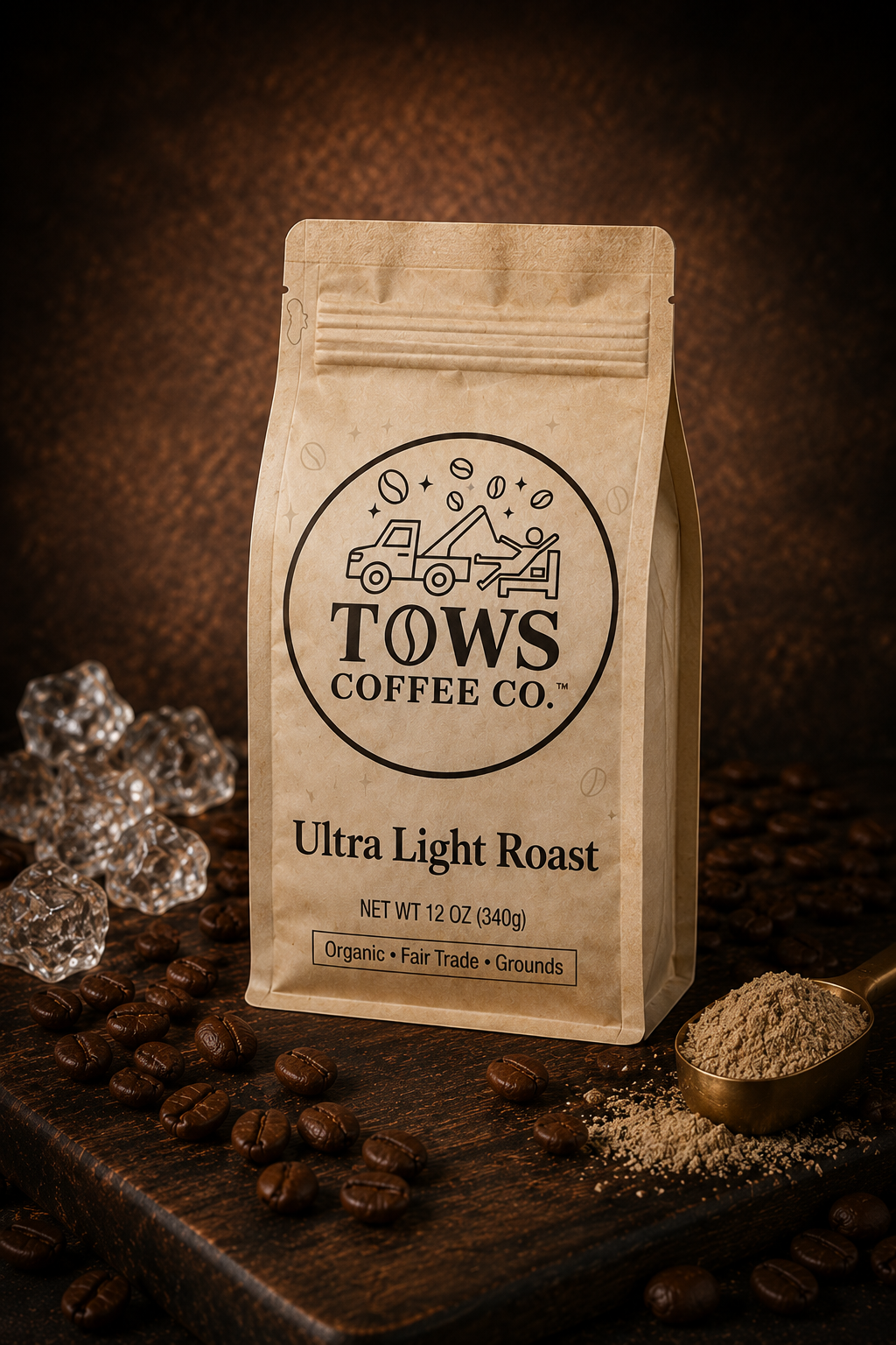 Kraft paper coffee bag with TOWS Coffee Co. branding on a wooden surface with coffee beans and a scoop.