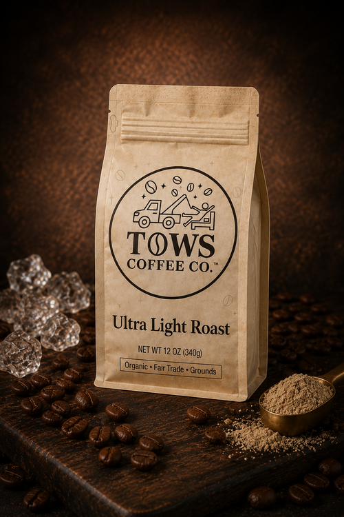 Kraft paper coffee bag with TOWS Coffee Co. branding on a wooden surface with coffee beans and a scoop.
