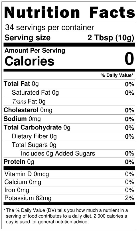 Nutrition facts label for TOWS Ultralight Roast Ground Coffee 12 oz — 0 calories, 0g sugar, 34 servings per container